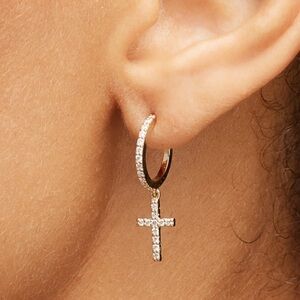 LANA Diamond and 14k Gold Dangle Cross Huggie Earrings, 13mm